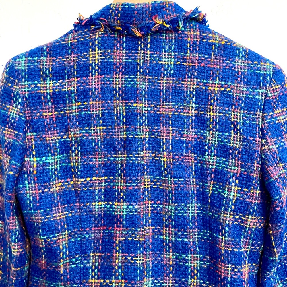 Vintage Bright Blue Plaid Neon Pink Green Business Fringe Blazer Suit Coat - Picture 8 of 14